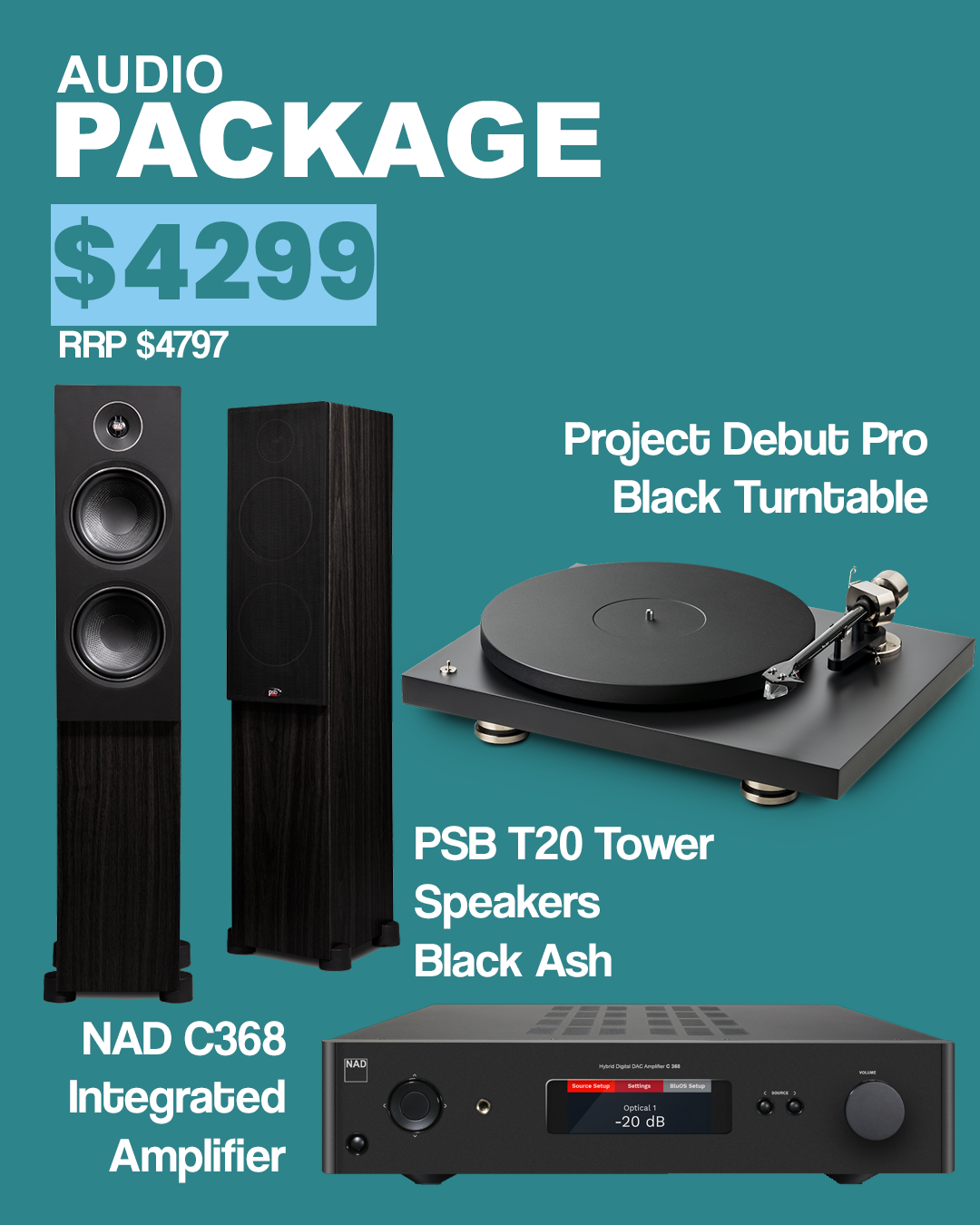 Project Debut Pro / Psb T20 Tower Speakers Black  / Nad C368 Package Deal